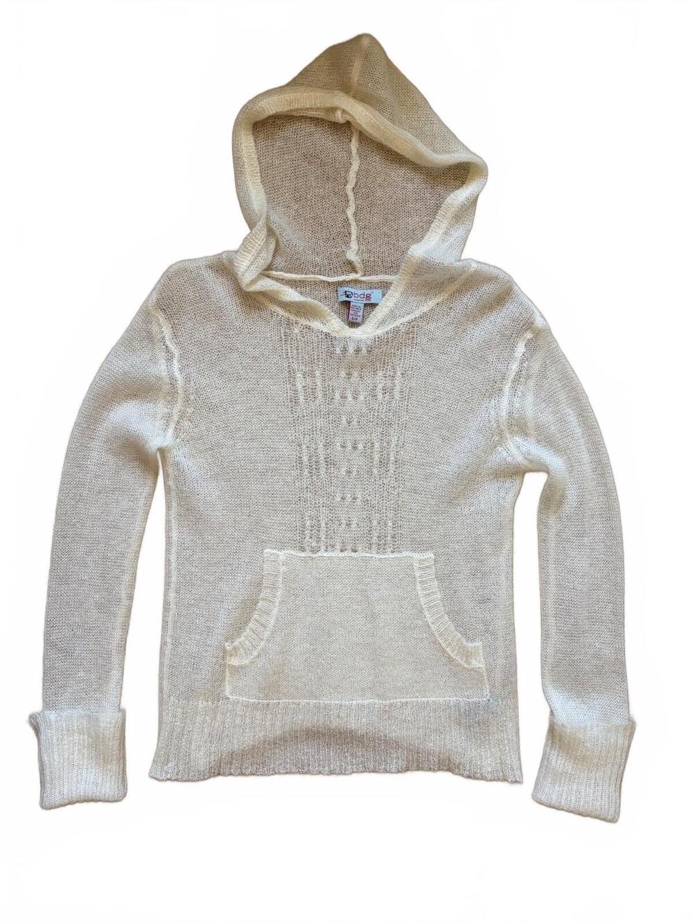 bldg Australian Mohair Blend Sweater Size S Ivory Open-Knit Sheer Hooded